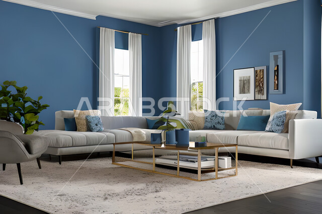 Living room with modern and attractive designs, exquisite decorations, elegant home furniture, luxurious modern designs, elegant residential apartments, tourist apartments, blue walls