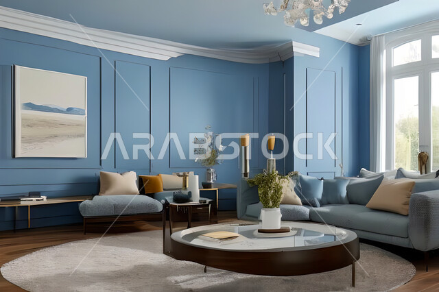 Living room with modern and attractive designs, exquisite decorations, elegant home furniture, luxurious modern designs, elegant residential apartments, tourist apartments, blue walls