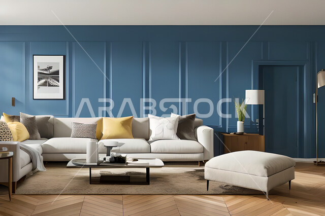 غرفة معيشة بتصاميم عصرية وجذابة، ديكورات رائعة، أثاث منزلي راقي، تصاميم عصرية فاخرة، شقق سكنية راقية، شقق سكنية سياحية، جدران باللون الازرق