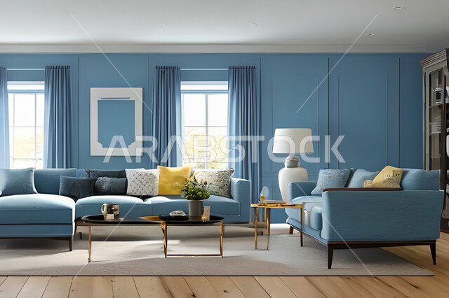 غرفة معيشة بتصاميم عصرية وجذابة، ديكورات رائعة، أثاث منزلي راقي، تصاميم عصرية فاخرة، شقق سكنية راقية، شقق سكنية سياحية، جدران باللون الازرق