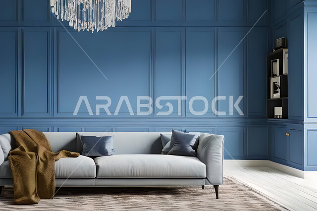 غرفة معيشة بتصاميم عصرية وجذابة، ديكورات رائعة، أثاث منزلي راقي، تصاميم عصرية فاخرة، شقق سكنية راقية، شقق سكنية سياحية، جدران باللون الازرق