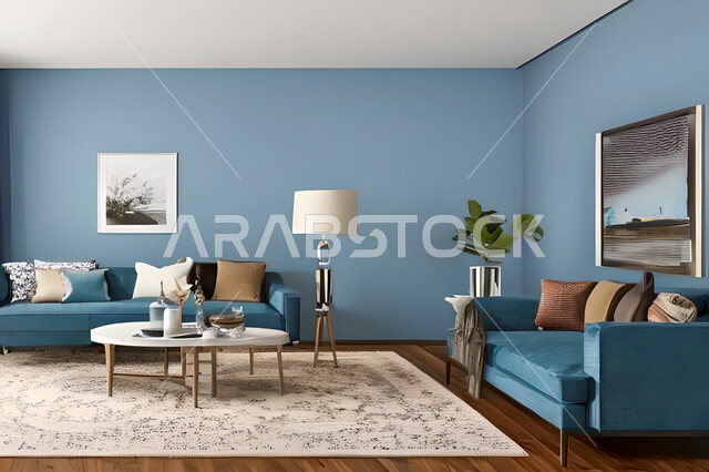 Living room with modern and attractive designs, exquisite decorations, elegant home furniture, luxurious modern designs, elegant residential apartments, tourist apartments, blue walls