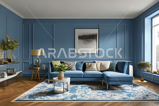 غرفة معيشة بتصاميم عصرية وجذابة، ديكورات رائعة، أثاث منزلي راقي، تصاميم عصرية فاخرة، شقق سكنية راقية، شقق سكنية سياحية، جدران باللون الازرق