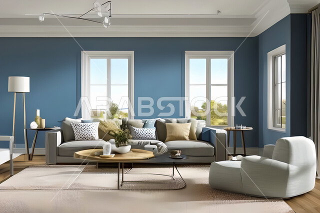 Living room with modern and attractive designs, exquisite decorations, elegant home furniture, luxurious modern designs, elegant residential apartments, tourist apartments, blue walls