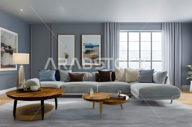 غرفة معيشة بتصاميم عصرية وجذابة، ديكورات رائعة، أثاث منزلي راقي، تصاميم عصرية فاخرة، شقق سكنية راقية، شقق سكنية سياحية، جدران باللون الازرق