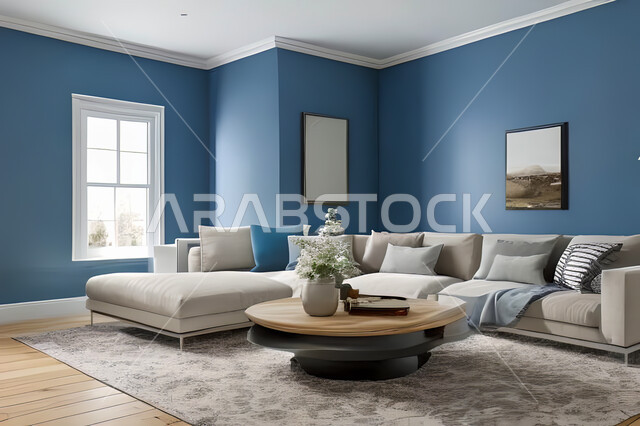 Living room with modern and attractive designs, exquisite decorations, elegant home furniture, luxurious modern designs, elegant residential apartments, tourist apartments, blue walls