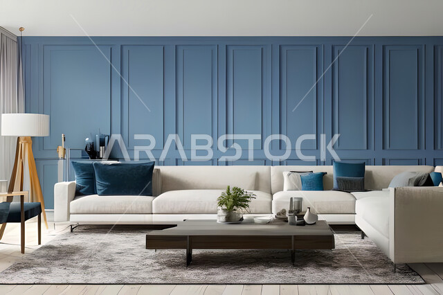 غرفة معيشة بتصاميم عصرية وجذابة، ديكورات رائعة، أثاث منزلي راقي، تصاميم عصرية فاخرة، شقق سكنية راقية، شقق سكنية سياحية، جدران باللون الازرق
