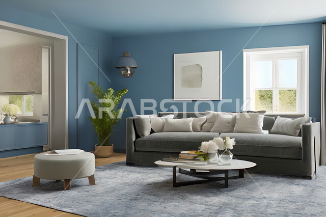 غرفة معيشة بتصاميم عصرية وجذابة، ديكورات رائعة، أثاث منزلي راقي، تصاميم عصرية فاخرة، شقق سكنية راقية، شقق سكنية سياحية، جدران باللون الازرق