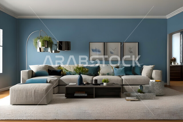 غرفة معيشة بتصاميم عصرية وجذابة، ديكورات رائعة، أثاث منزلي راقي، تصاميم عصرية فاخرة، شقق سكنية راقية، شقق سكنية سياحية، جدران باللون الازرق