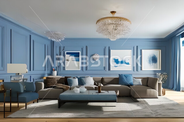 Living room with modern and attractive designs, exquisite decorations, elegant home furniture, luxurious modern designs, elegant residential apartments, tourist apartments, blue walls