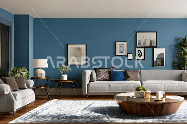 غرفة معيشة بتصاميم عصرية وجذابة، ديكورات رائعة، أثاث منزلي راقي، تصاميم عصرية فاخرة، شقق سكنية راقية، شقق سكنية سياحية، جدران باللون الازرق