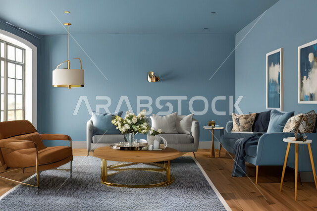 غرفة معيشة بتصاميم عصرية وجذابة، ديكورات رائعة، أثاث منزلي راقي، تصاميم عصرية فاخرة، شقق سكنية راقية، شقق سكنية سياحية، جدران باللون الازرق