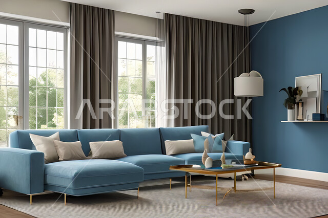 غرفة معيشة بتصاميم عصرية وجذابة، ديكورات رائعة، أثاث منزلي راقي، تصاميم عصرية فاخرة، شقق سكنية راقية، شقق سكنية سياحية، جدران باللون الازرق