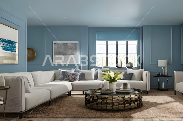 Living room with modern and attractive designs, exquisite decorations, elegant home furniture, luxurious modern designs, elegant residential apartments, tourist apartments, blue walls