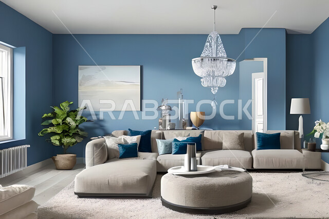 غرفة معيشة بتصاميم عصرية وجذابة، ديكورات رائعة، أثاث منزلي راقي، تصاميم عصرية فاخرة، شقق سكنية راقية، شقق سكنية سياحية، جدران باللون الازرق