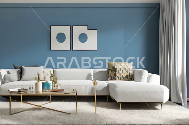 غرفة معيشة بتصاميم عصرية وجذابة، ديكورات رائعة، أثاث منزلي راقي، تصاميم عصرية فاخرة، شقق سكنية راقية، شقق سكنية سياحية، جدران باللون الازرق