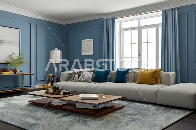 غرفة معيشة بتصاميم عصرية وجذابة، ديكورات رائعة، أثاث منزلي راقي، تصاميم عصرية فاخرة، شقق سكنية راقية، شقق سكنية سياحية، جدران باللون الازرق