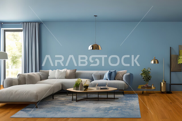 Living room with modern and attractive designs, exquisite decorations, elegant home furniture, luxurious modern designs, elegant residential apartments, tourist apartments, blue walls