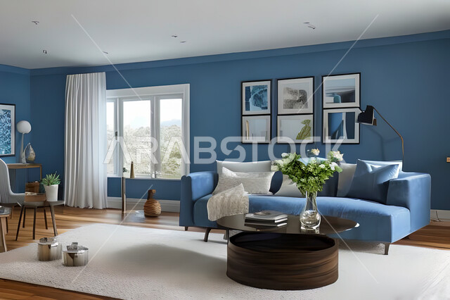 غرفة معيشة بتصاميم عصرية وجذابة، ديكورات رائعة، أثاث منزلي راقي، تصاميم عصرية فاخرة، شقق سكنية راقية، شقق سكنية سياحية، جدران باللون الازرق