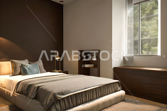 غرفة نوم في شقة سكنية بتصاميم عصرية و جذابة، ديكورات رائعة، أثاث منزلي راقي، تصاميم عصرية فاخرة، شقق سكنية سياحية راقية، اوتيل، فنادق فاخرة