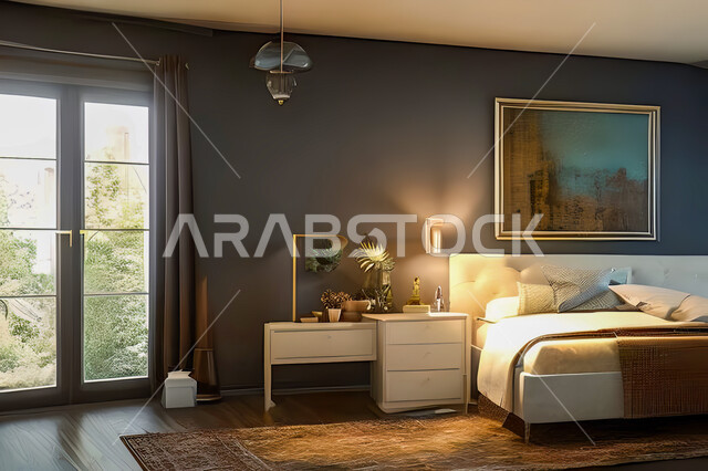غرفة نوم في شقة سكنية بتصاميم عصرية و جذابة، ديكورات رائعة، أثاث منزلي راقي، تصاميم عصرية فاخرة، شقق سكنية سياحية راقية، اوتيل، فنادق فاخرة