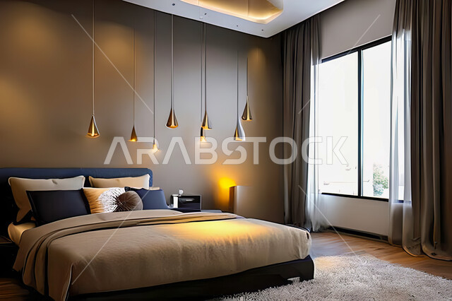 A bedroom in a residential apartment with modern and attractive designs, wonderful decorations, elegant home furnishings, luxurious modern designs, elegant tourist apartments, hotels, luxury hotels