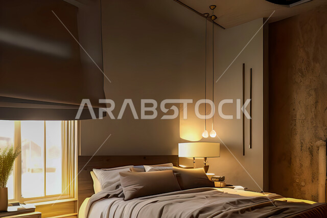 غرفة نوم في شقة سكنية بتصاميم عصرية و جذابة، ديكورات رائعة، أثاث منزلي راقي، تصاميم عصرية فاخرة، شقق سكنية سياحية راقية، اوتيل، فنادق فاخرة