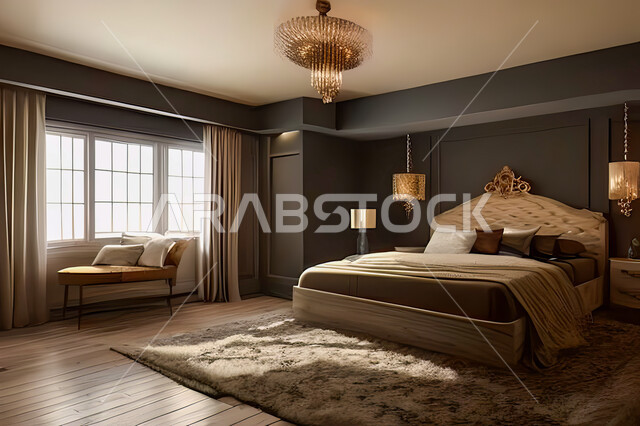غرفة نوم في شقة سكنية بتصاميم عصرية و جذابة، ديكورات رائعة، أثاث منزلي راقي، تصاميم عصرية فاخرة، شقق سكنية سياحية راقية، اوتيل، فنادق فاخرة