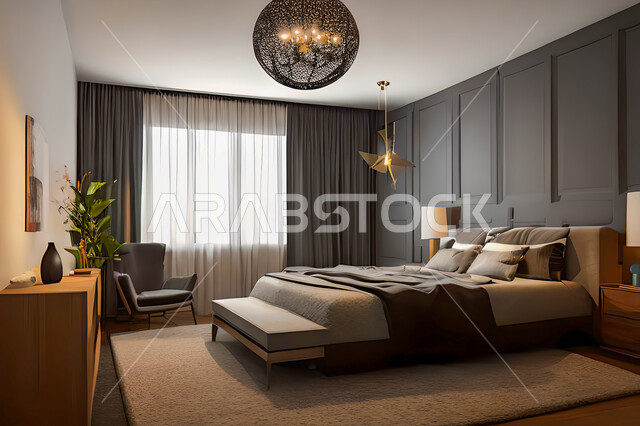 غرفة نوم في شقة سكنية بتصاميم عصرية و جذابة، ديكورات رائعة، أثاث منزلي راقي، تصاميم عصرية فاخرة، شقق سكنية سياحية راقية، اوتيل، فنادق فاخرة
