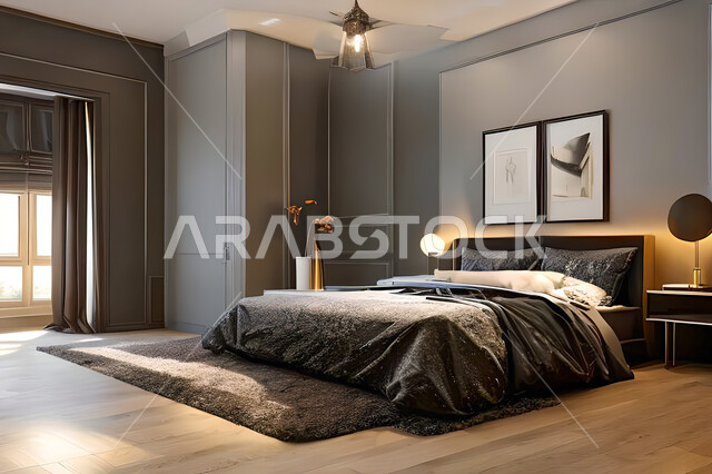 غرفة نوم في شقة سكنية بتصاميم عصرية و جذابة، ديكورات رائعة، أثاث منزلي راقي، تصاميم عصرية فاخرة، شقق سكنية سياحية راقية، اوتيل، فنادق فاخرة