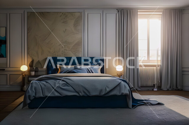 غرفة نوم في شقة سكنية بتصاميم عصرية و جذابة، ديكورات رائعة، أثاث منزلي راقي، تصاميم عصرية فاخرة، شقق سكنية سياحية راقية، اوتيل، فنادق فاخرة