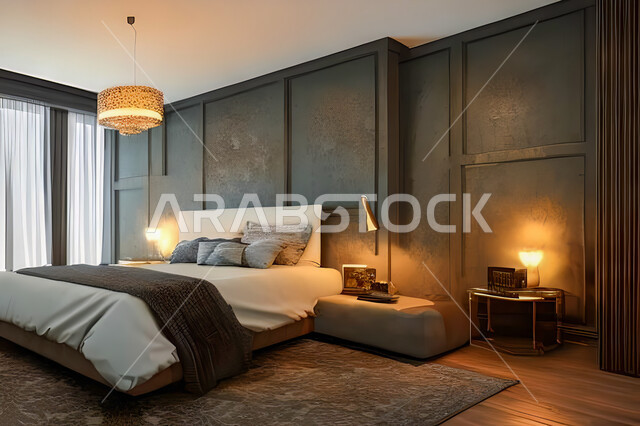غرفة نوم في شقة سكنية بتصاميم عصرية و جذابة، ديكورات رائعة، أثاث منزلي راقي، تصاميم عصرية فاخرة، شقق سكنية سياحية راقية، اوتيل، فنادق فاخرة