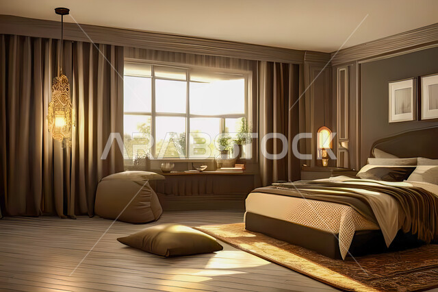غرفة نوم في شقة سكنية بتصاميم عصرية و جذابة، ديكورات رائعة، أثاث منزلي راقي، تصاميم عصرية فاخرة، شقق سكنية سياحية راقية، اوتيل، فنادق فاخرة