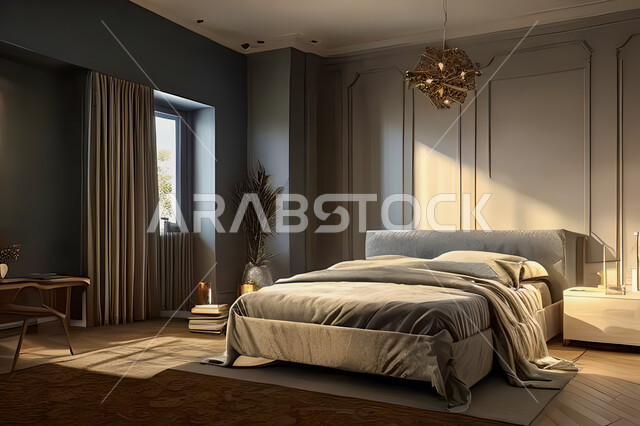 غرفة نوم في شقة سكنية بتصاميم عصرية و جذابة، ديكورات رائعة، أثاث منزلي راقي، تصاميم عصرية فاخرة، شقق سكنية سياحية راقية، اوتيل، فنادق فاخرة