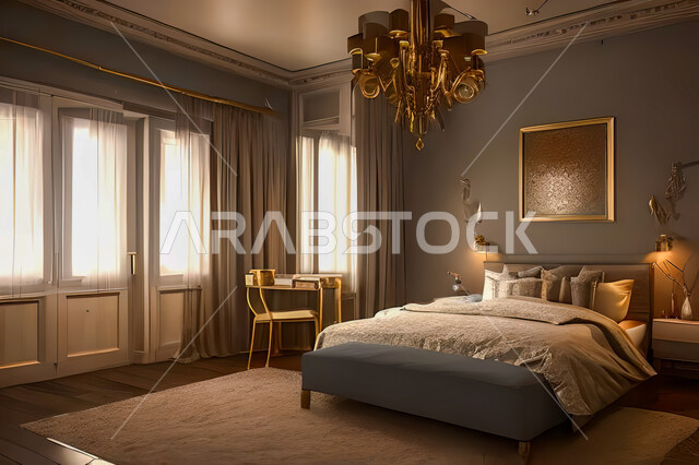 غرفة نوم في شقة سكنية بتصاميم عصرية و جذابة، ديكورات رائعة، أثاث منزلي راقي، تصاميم عصرية فاخرة، شقق سكنية سياحية راقية، اوتيل، فنادق فاخرة