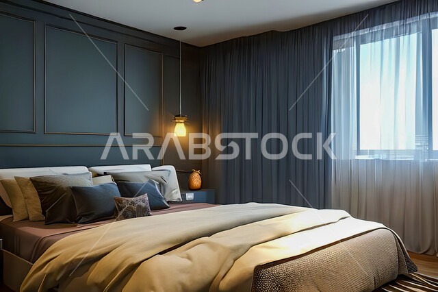 غرفة نوم في شقة سكنية بتصاميم عصرية و جذابة، ديكورات رائعة، أثاث منزلي راقي، تصاميم عصرية فاخرة، شقق سكنية سياحية راقية، اوتيل، فنادق فاخرة