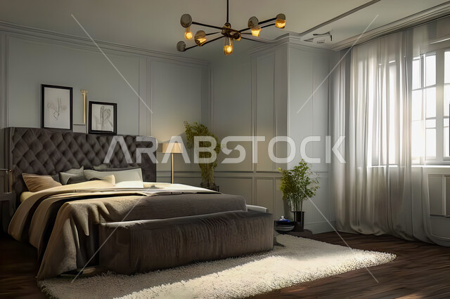 غرفة نوم في شقة سكنية بتصاميم عصرية و جذابة، ديكورات رائعة، أثاث منزلي راقي، تصاميم عصرية فاخرة، شقق سكنية سياحية راقية، اوتيل، فنادق فاخرة
