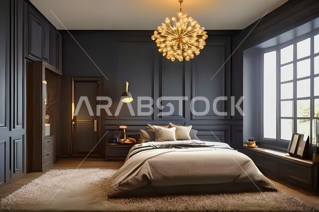غرفة نوم في شقة سكنية بتصاميم عصرية و جذابة، ديكورات رائعة، أثاث منزلي راقي، تصاميم عصرية فاخرة، شقق سكنية سياحية راقية، اوتيل، فنادق فاخرة