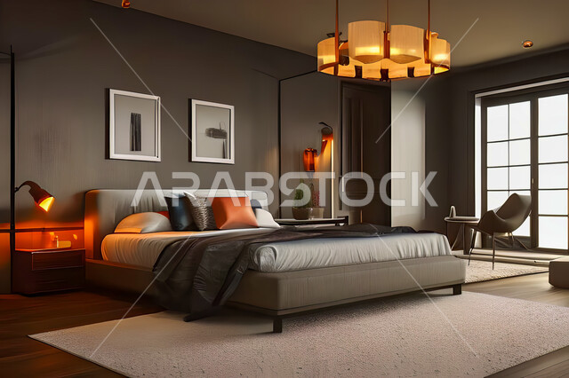 غرفة نوم في شقة سكنية بتصاميم عصرية و جذابة، ديكورات رائعة، أثاث منزلي راقي، تصاميم عصرية فاخرة، شقق سكنية سياحية راقية، اوتيل، فنادق فاخرة