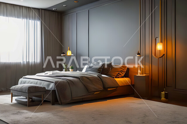 غرفة نوم في شقة سكنية بتصاميم عصرية و جذابة، ديكورات رائعة، أثاث منزلي راقي، تصاميم عصرية فاخرة، شقق سكنية سياحية راقية، اوتيل، فنادق فاخرة