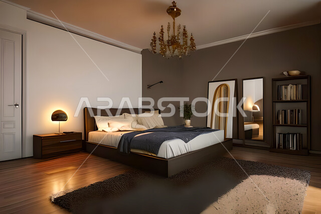 غرفة نوم في شقة سكنية بتصاميم عصرية و جذابة، ديكورات رائعة، أثاث منزلي راقي، تصاميم عصرية فاخرة، شقق سكنية سياحية راقية، اوتيل، فنادق فاخرة