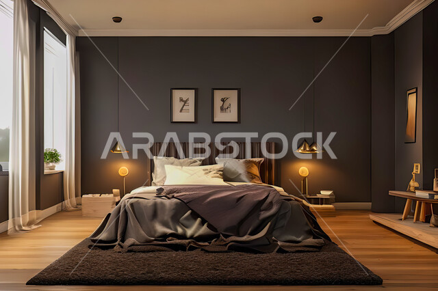 A bedroom in a residential apartment with modern and attractive designs, wonderful decorations, elegant home furnishings, luxurious modern designs, elegant tourist apartments, hotels, luxury hotels