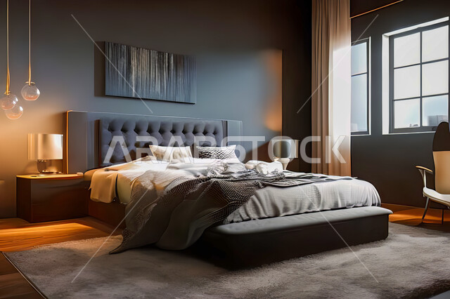 غرفة نوم في شقة سكنية بتصاميم عصرية و جذابة، ديكورات رائعة، أثاث منزلي راقي، تصاميم عصرية فاخرة، شقق سكنية سياحية راقية، اوتيل، فنادق فاخرة