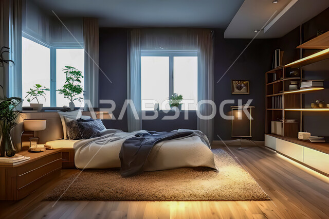 غرفة نوم في شقة سكنية بتصاميم عصرية و جذابة، ديكورات رائعة، أثاث منزلي راقي، تصاميم عصرية فاخرة، شقق سكنية سياحية راقية، اوتيل، فنادق فاخرة