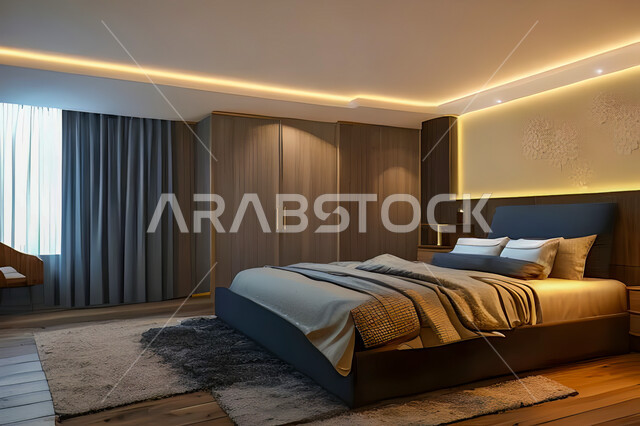غرفة نوم في شقة سكنية بتصاميم عصرية و جذابة، ديكورات رائعة، أثاث منزلي راقي، تصاميم عصرية فاخرة، شقق سكنية سياحية راقية، اوتيل، فنادق فاخرة