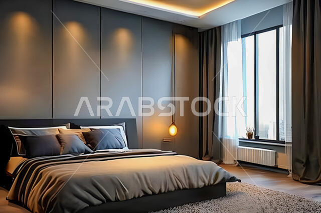 غرفة نوم في شقة سكنية بتصاميم عصرية و جذابة، ديكورات رائعة، أثاث منزلي راقي، تصاميم عصرية فاخرة، شقق سكنية سياحية راقية، اوتيل، فنادق فاخرة