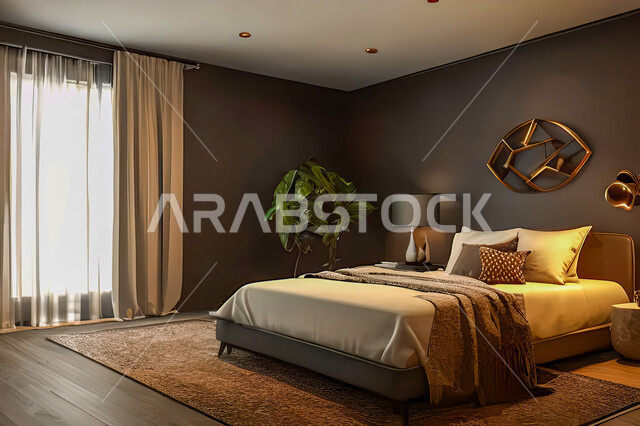 غرفة نوم في شقة سكنية بتصاميم عصرية و جذابة، ديكورات رائعة، أثاث منزلي راقي، تصاميم عصرية فاخرة، شقق سكنية سياحية راقية، اوتيل، فنادق فاخرة