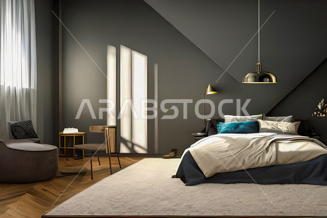 غرفة نوم في شقة سكنية بتصاميم عصرية و جذابة، ديكورات رائعة، أثاث منزلي راقي، تصاميم عصرية فاخرة، شقق سكنية سياحية راقية، اوتيل، فنادق فاخرة