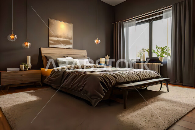 غرفة نوم في شقة سكنية بتصاميم عصرية و جذابة، ديكورات رائعة، أثاث منزلي راقي، تصاميم عصرية فاخرة، شقق سكنية سياحية راقية، اوتيل، فنادق فاخرة