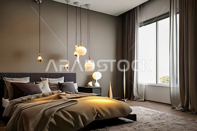 غرفة نوم في شقة سكنية بتصاميم عصرية و جذابة، ديكورات رائعة، أثاث منزلي راقي، تصاميم عصرية فاخرة، شقق سكنية سياحية راقية، اوتيل، فنادق فاخرة